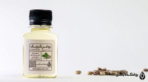 یک شیشه حاوی روغن کرچک به همراه دانه های کرچک بر روی زمین