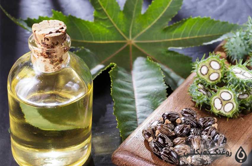 یک شیشه حاوی روغن کرچک و گیاه کرچک