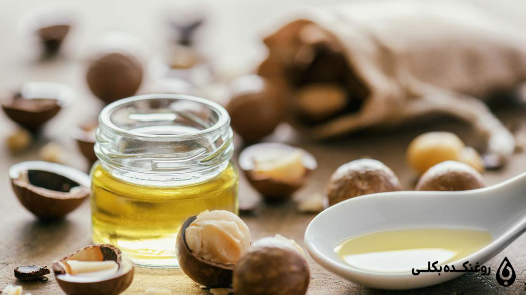 روغن ماکادمیا در کنار مغز ماکادمیا تازه